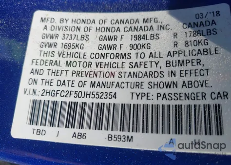 2018 Honda Civic Lx z USA, uszkodzony, nr VIN 2HGFC2F50JH552354